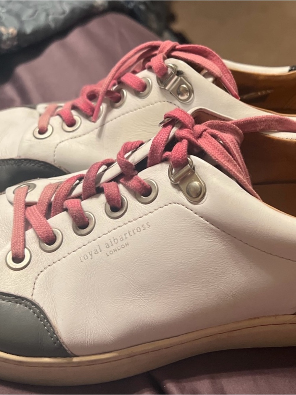 royal albartross Women's White Leather Sneaker with Pink Laces